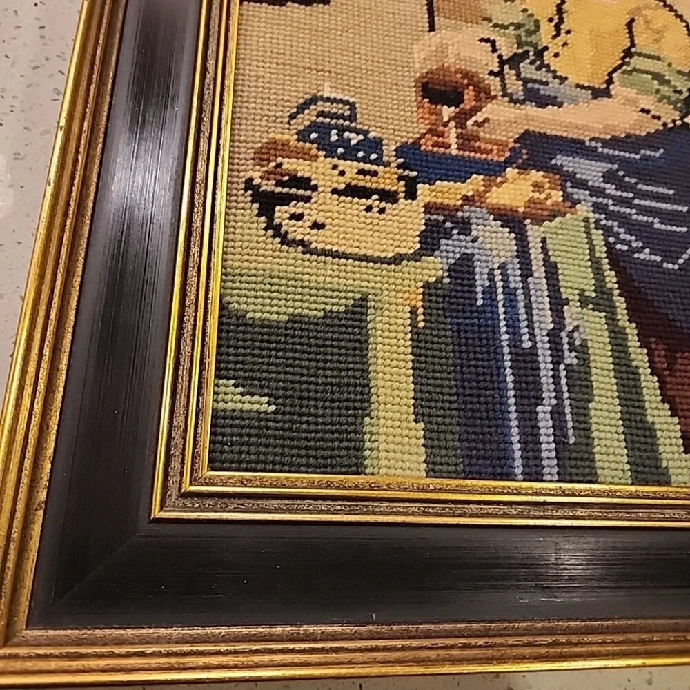 Vintage framed needlepoint reproduction of Rembrandt art Milkmaid 18x15